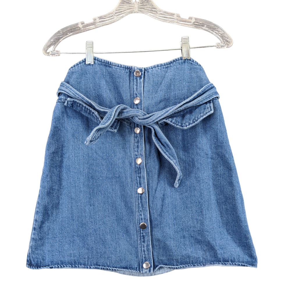 Vestique Women's A-Line Denim Skirt Blue Small Tie Snap Button Cotton